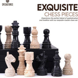Chess Set 12'' Travertine and Black Chess Board Games - 2 Extra Queens and Storage Box