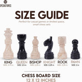 Chess Set 12'' Travertine and Black Chess Board Games - 2 Extra Queens and Storage Box