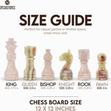 Chess Set 12'' Travertine and Green Onyx Chess Board Games, Travel Chess Set with 2 Extra Queens and Storage Box