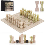 Chess Set 12'' Travertine and Green Onyx Chess Board Games, Travel Chess Set with 2 Extra Queens and Storage Box