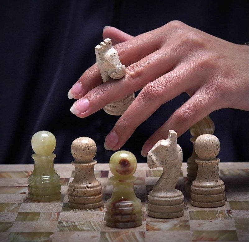 Chess Set 12'' Travertine and Green Onyx Chess Board Games, Travel Chess Set with 2 Extra Queens and Storage Box