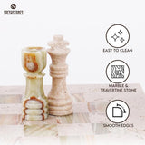 Chess Set 12'' Travertine and Green Onyx Chess Board Games, Travel Chess Set with 2 Extra Queens and Storage Box