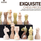Chess Set 12'' Travertine and Green Onyx Chess Board Games, Travel Chess Set with 2 Extra Queens and Storage Box
