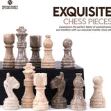 Chess Set 12'' Travertine and Oceanic Chess Board Games - 2 Extra Queens and Storage Box