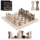 Chess Set 12'' Travertine and Oceanic Chess Board Games - 2 Extra Queens and Storage Box