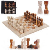 Chess Set 12'' Travertine and Red Chess Board Games - 2 Extra Queens and Storage Box
