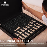 Chess Set 15'' Black and Travertine Chess Board Games, Travel Chess Set with 2 Extra Queens and Storage Box
