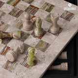 Chess Set 15'' Travertine and Green Onyx Chess Board Games for Adults - 2 Extra Queens and Storage Box