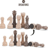 Chess Set 15'' Travertine and Oceanic Chess Board - 2 Extra Queens and Storage Box