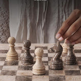 Chess Set 15'' Travertine and Oceanic Chess Board - 2 Extra Queens and Storage Box