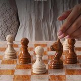 Chess Set 15'' Travertine and Red Chess Board Games - 2 Extra Queens and Storage Box