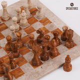 Chess Set 15'' Travertine and Red Chess Board Games - 2 Extra Queens and Storage Box