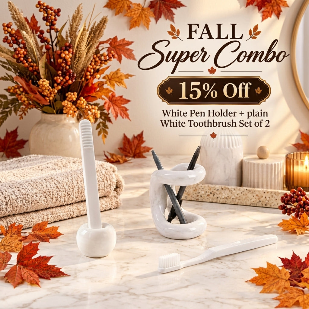 Fall Marble Essentials Combo – White Pen Holder & Toothbrush Holder Set