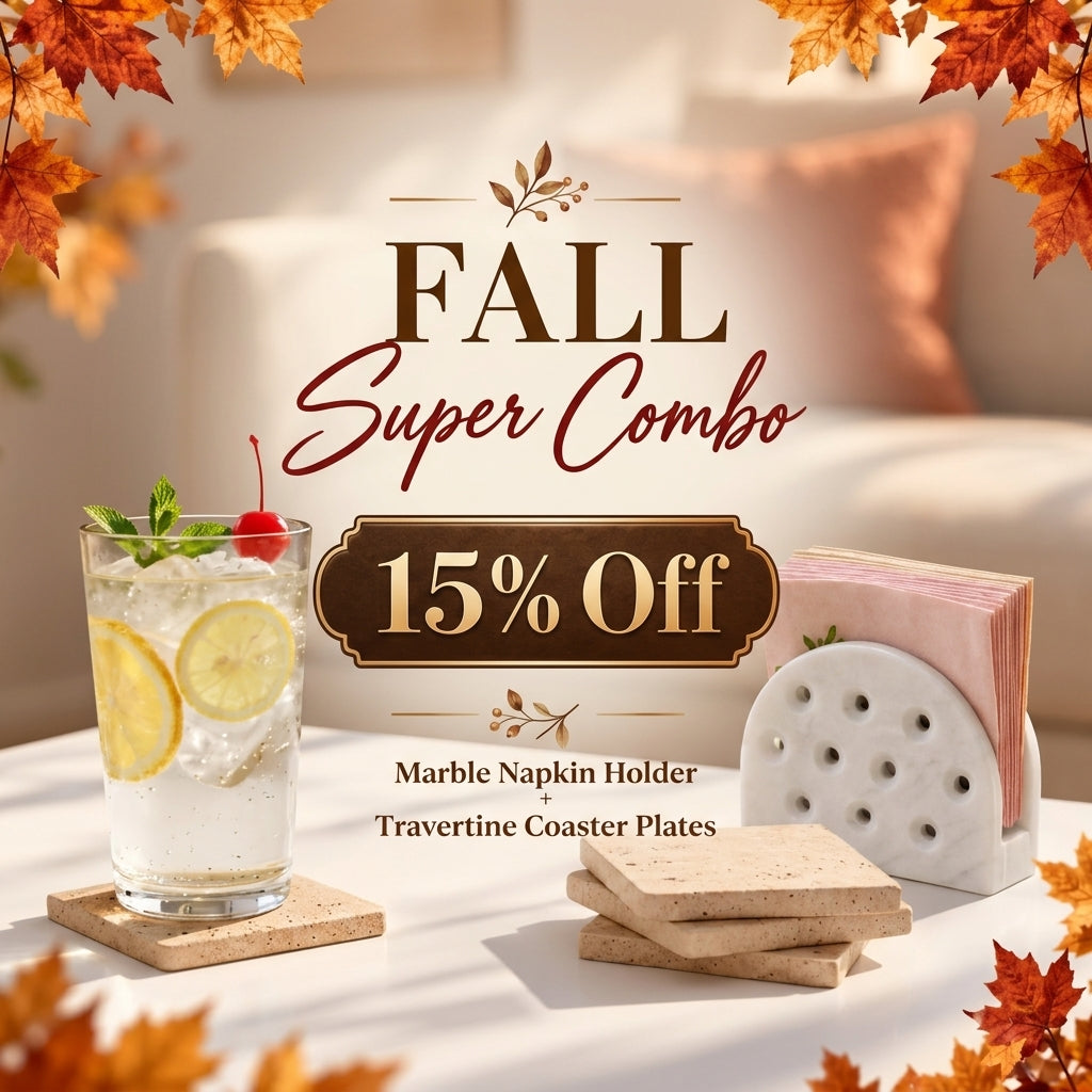 Fall Tabletop Marble Combo – Travertine Coasters & White Marble Napkin Holder