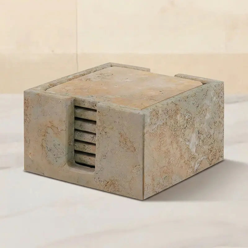 Travertine Square Coaster Set with Holder for Coffee Table & Bar Décor - Drink Coasters