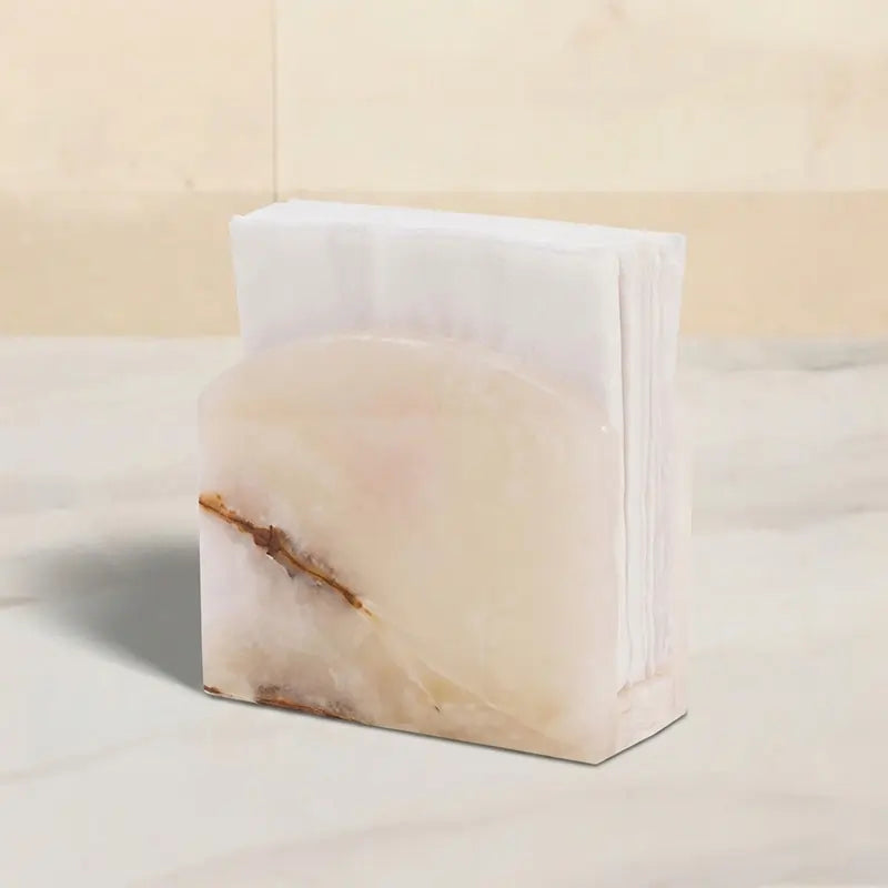 Marble Napkin Holder White onyx Stone Organizer for Tissue Paper & Cocktail Napkins, Coffee Bar Table