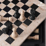 Marble Chess Set 15'' Travertine and Black Chess Board Games - 2 Extra Queens and Storage Box
