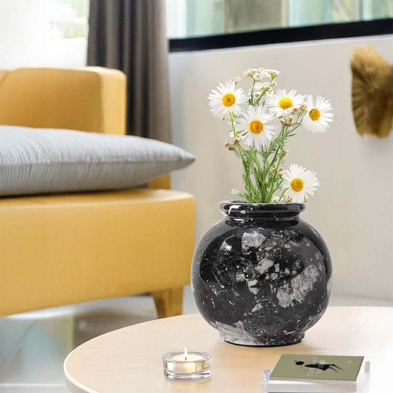 Marble Flower Vase 5 Inch Black Handmade Decorative Fresh Flowers Vases for Office Table Centerpiece - Small Stone Vases for Living Room, Home and Kitchen Decor