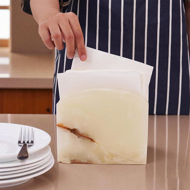 Marble Napkin Holder White onyx Stone Organizer for Tissue Paper & Cocktail Napkins, Coffee Bar Table
