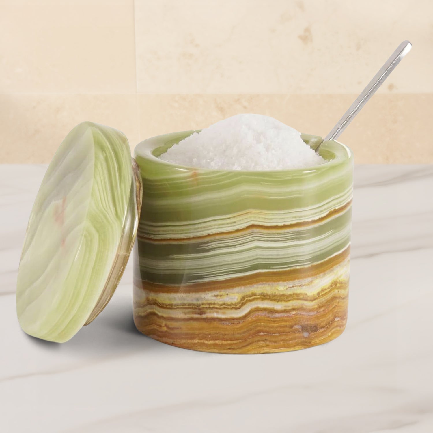 Marble Salt Cellar with Lid and Spoon – Countertop Sugar, Salt, Spice Jar and Container