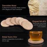 Travertine Round Coasters Set of 6 for Kitchen Home - Coasters for Coffee Table Bar