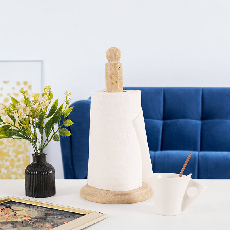 Travertine Marble Paper Towel Holder – Freestanding Natural Stone Roll Stand for Kitchen & Bathroom
