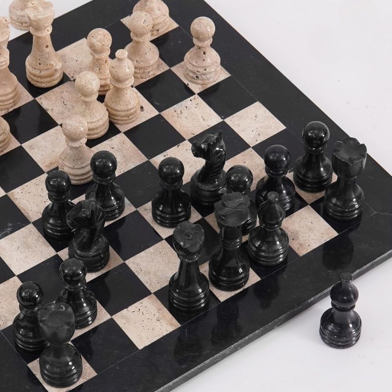 Chess Set 15'' Black and Travertine Chess Board Games, Travel Chess Set with 2 Extra Queens and Storage Box
