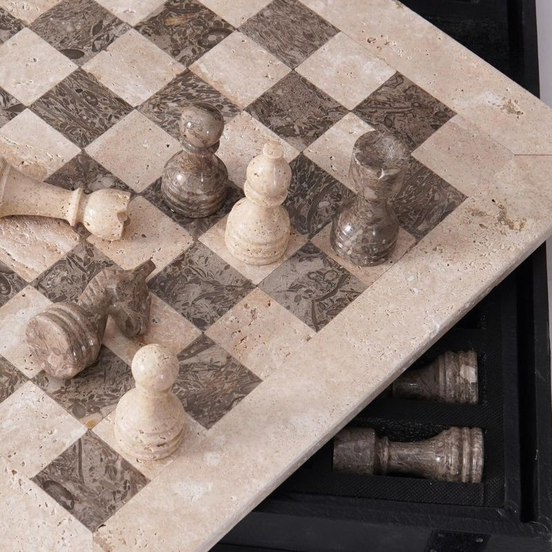Chess Set 15'' Travertine and Oceanic Chess Board - 2 Extra Queens and Storage Box