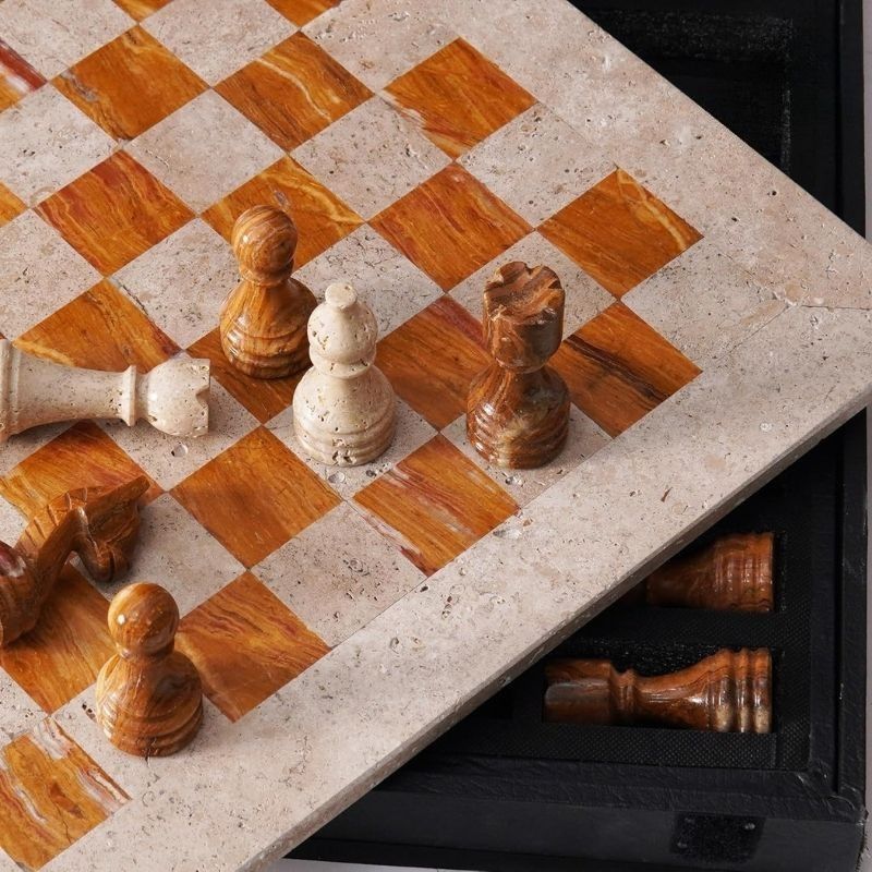 Chess Set 15'' Travertine and Red Chess Board Games - 2 Extra Queens and Storage Box
