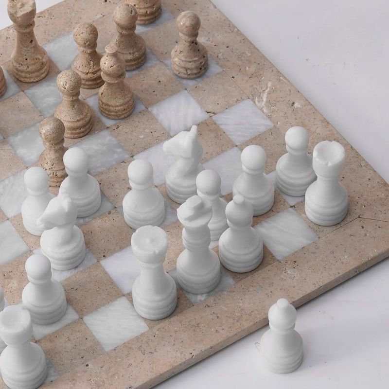 Marble Chess Set 15'' Travertine and White Chess Board Games -2 Extra Queens and Storage Box