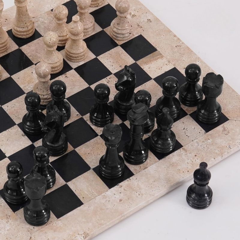Marble Chess Set 15'' Travertine and Black Chess Board Games - 2 Extra Queens and Storage Box