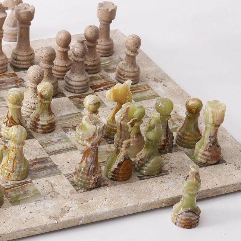 Chess Set 15'' Travertine and Green Onyx Chess Board Games for Adults - 2 Extra Queens and Storage Box