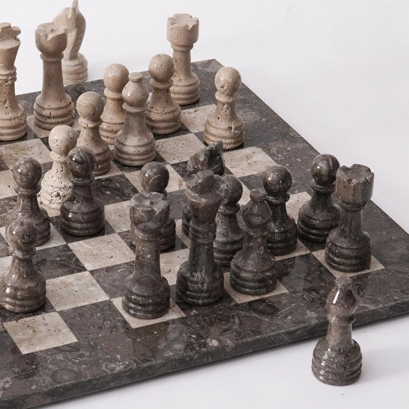 Chess Set 15'' Oceanic and Travertine Chess Board Games for Adults - 2 Extra Queens and Storage Box