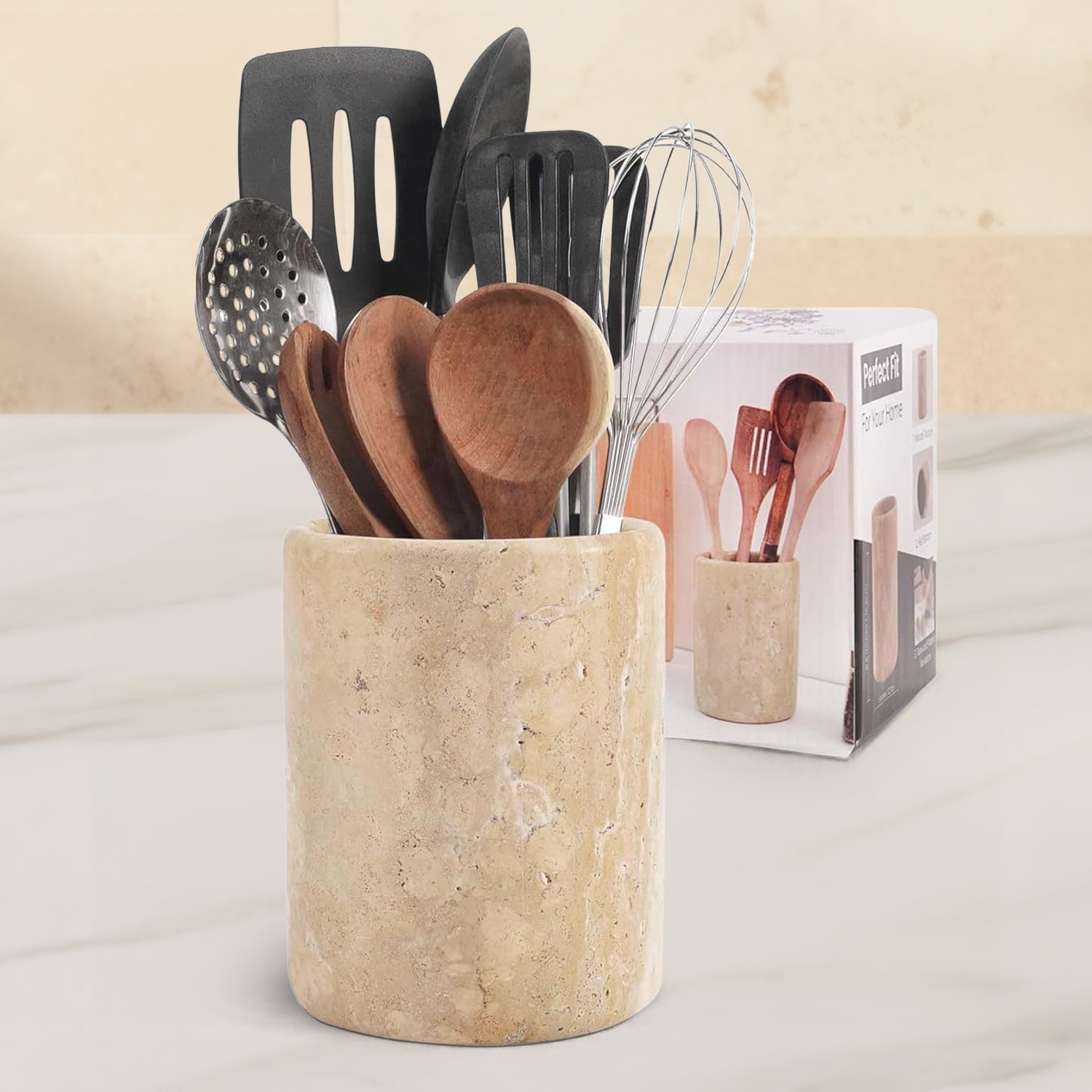 Travertine Utensil Holder For Home & Kitchen Accessories - Cutlery Holders Countertop Organizer