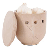 Beige marble garlic keeper with lid and 6 ventilation holes — natural stone garlic storage container for countertop use by Speshstones