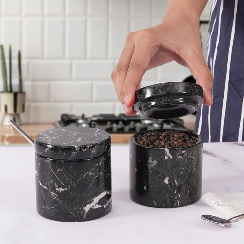 Marble Salt and Pepper Container Set With Lids and Spoons