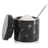 Black marble salt cellar with lid and spoon