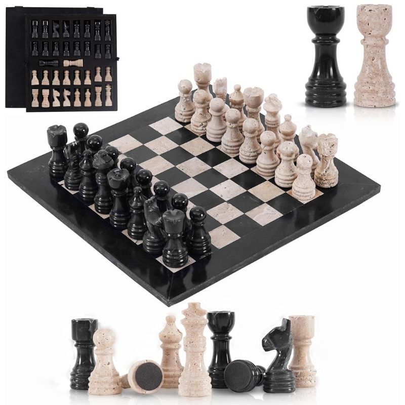 Black and Travertine Marble Chess Set - 12 Inch Handcrafted Board with Storage 