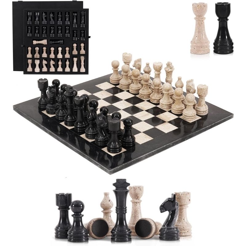 Black and Travertine Marble Chess Set front view showing board and stone pieces with white background