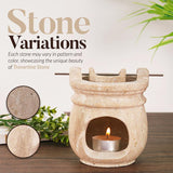 Candle-powered oil burner with travertine base and tealight inside