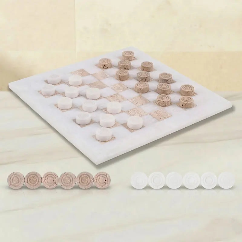 Checkers Game 15'' White and Travertine Handmade Chess and Checkers Board Game