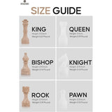 Size guide for 15-inch marble and travertine chess board with 1.5 inch squares and also sizes of pieces 