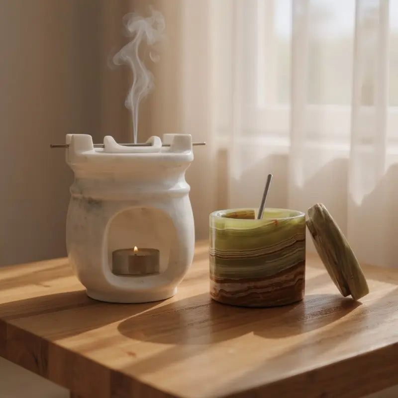 Travertine marble oil burner with tealight candle and marble salt cellar on wooden table, cozy fall home decor bundle by Speshstones