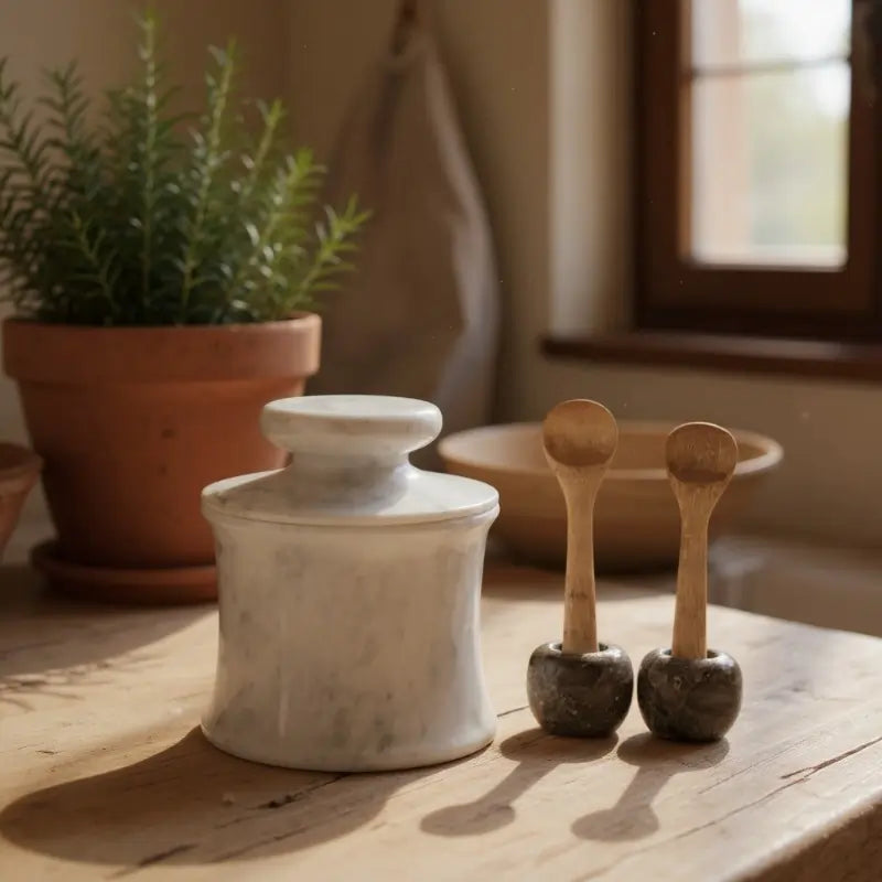 Marble butter dish and travertine toothbrush/utensil holders styled on a rustic wooden table with warm autumn light, perfect for fall kitchen and home décor event