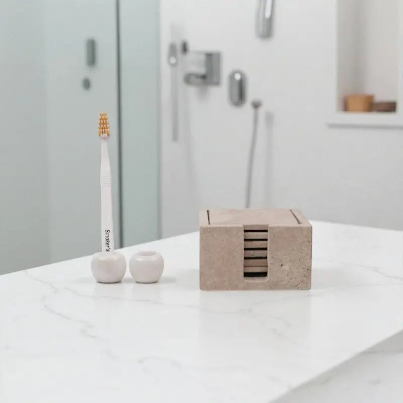 Travertine coaster set with holder and marble toothbrush holders styled in a modern bathroom, elegant fall home décor and Thanksgiving gift bundle