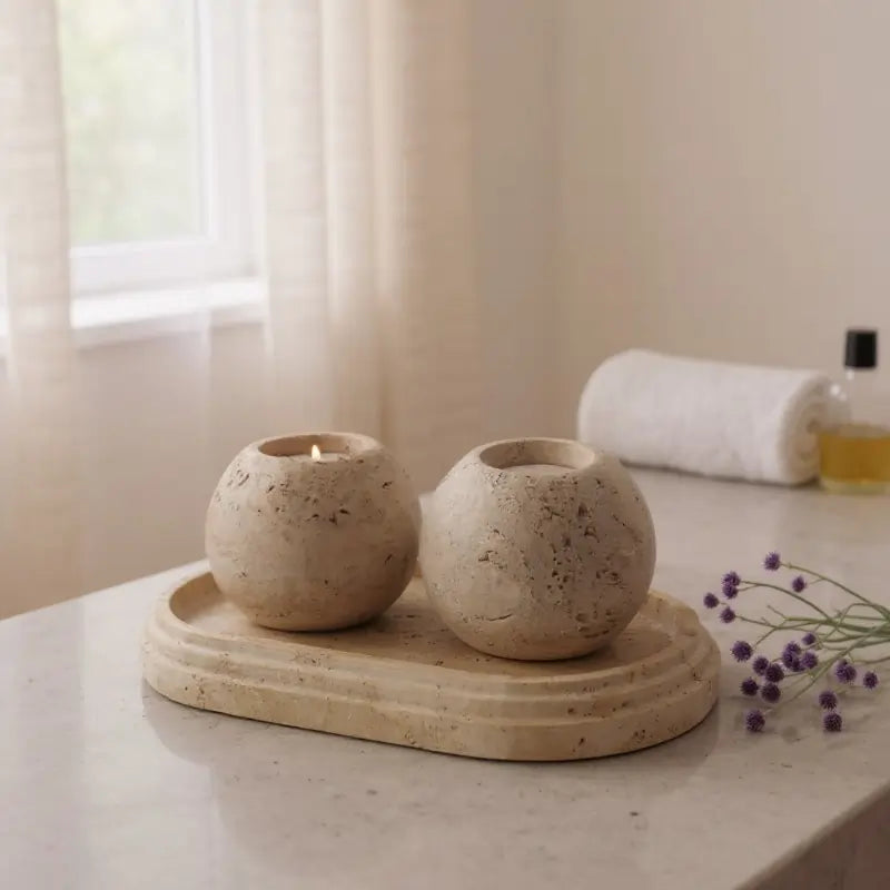 Travertine oval tray with two round tealight candle holders – cozy fall home decor bundle for autumn hosting by Speshstones