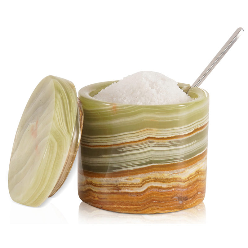 green marble salt cellar with lid and spoon