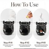 Step-by-step guide showing how to use the black marble oil burner with candle and wax melts