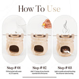 Step-by-step guide showing how to use the travertine oil burner with candle and wax melts