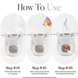 Step-by-step guide showing how to use the white marble oil burner with candle and wax melts